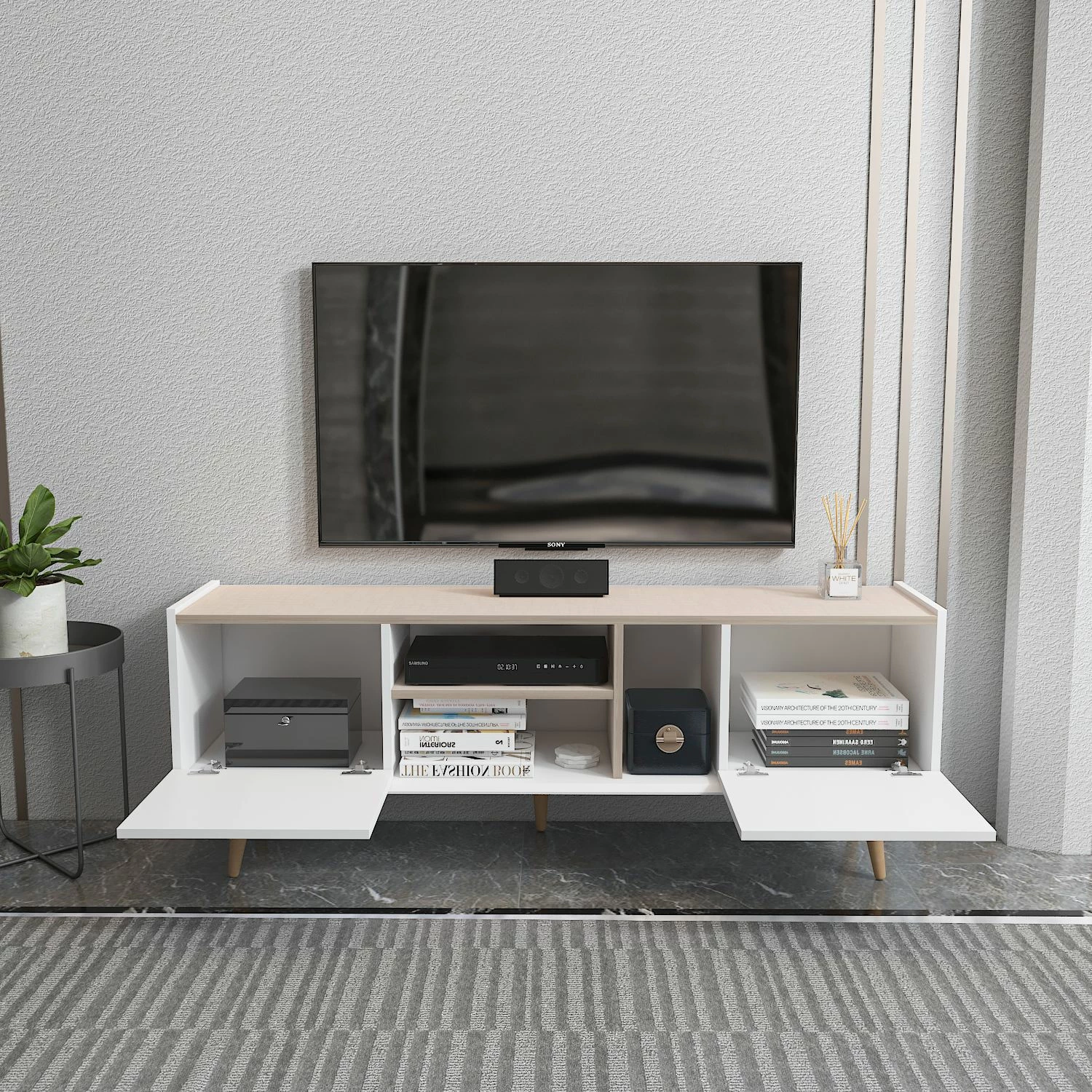 Komodë TV Skye Decor, e bardhë, bezhë, Ekvador