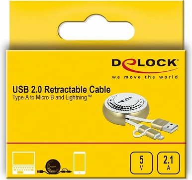 Kabllo USB DeLOCK 2n1 tërheqëse, USB-A në Micro-USB/Lightning, 0.92 m, USB 2.0, 2.1A, bardhë/ari
