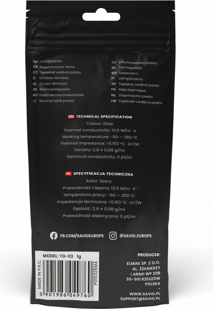Pasta termike Savio Glacier TG-03, 1g, 13.5 W/mK, Gri