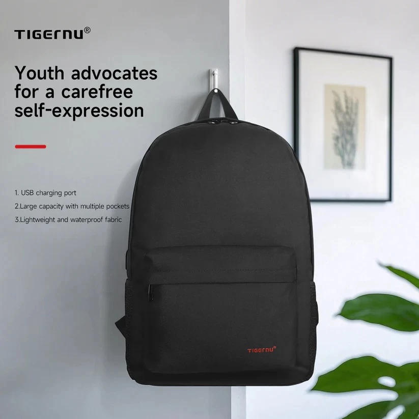 Çantë shpine për laptop Tigernu Corvus 14", USB për karikim, 29 x 14 x 43 cm, e zezë