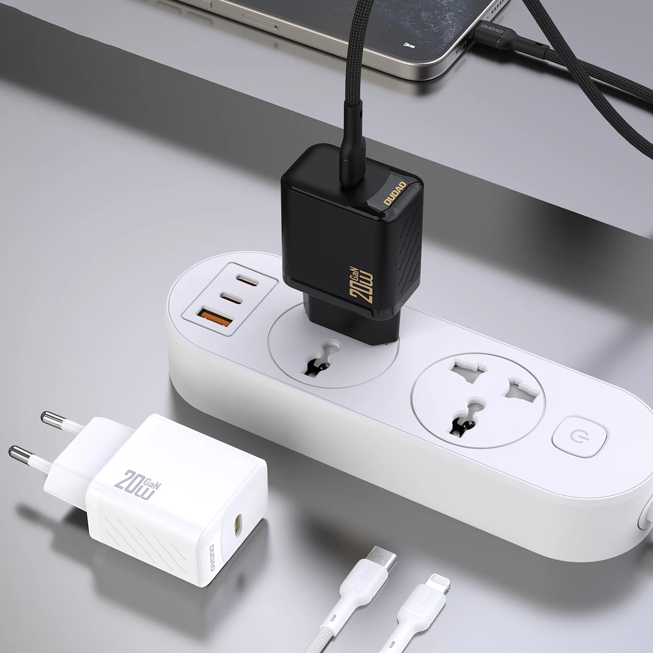 Karikues muri, Dudao A26LEU, PD 20W GaN, port USB-C, prizë EU, me kabllo USB-C në Lightning, i zi