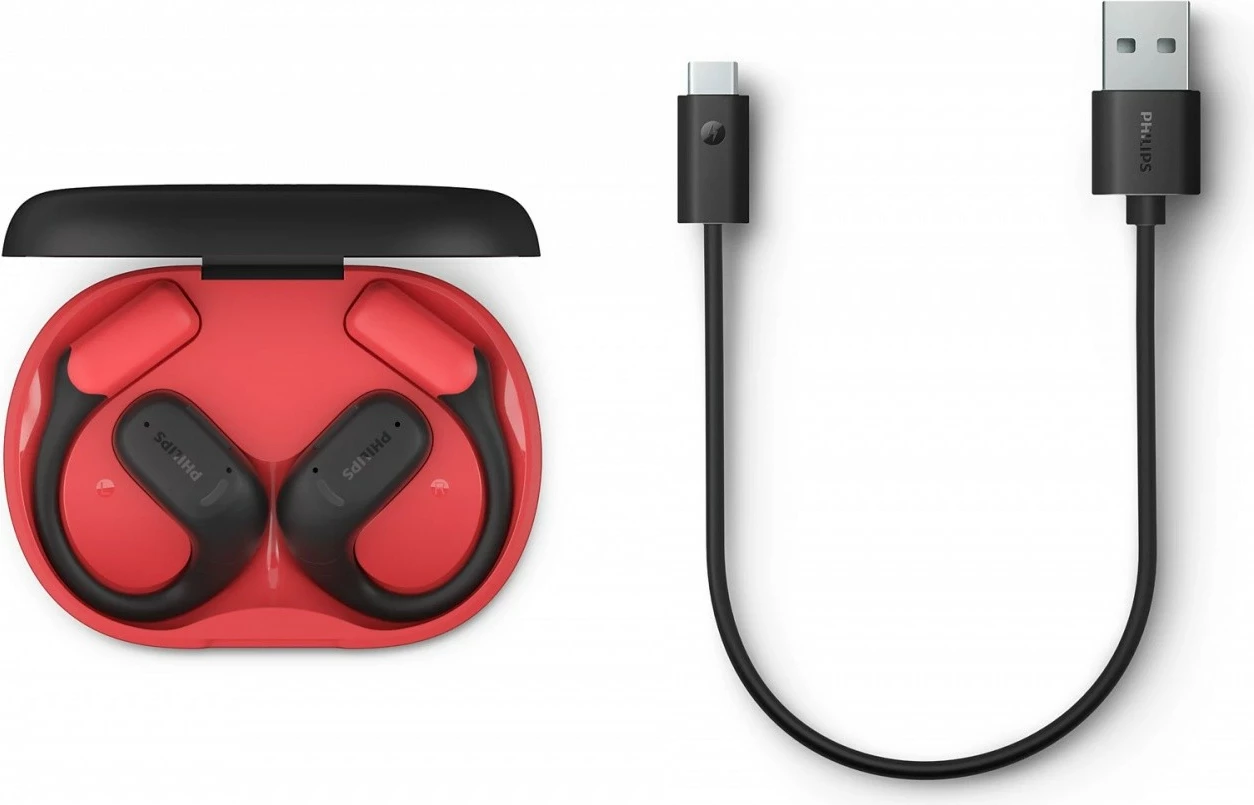 Kufje pa tela TWS, Philips TAA6709BK/00, open-ear sport me varëse mbi vesh, Bluetooth 5.4, IP55, deri 28h, USB‑C, e zezë/kuqe