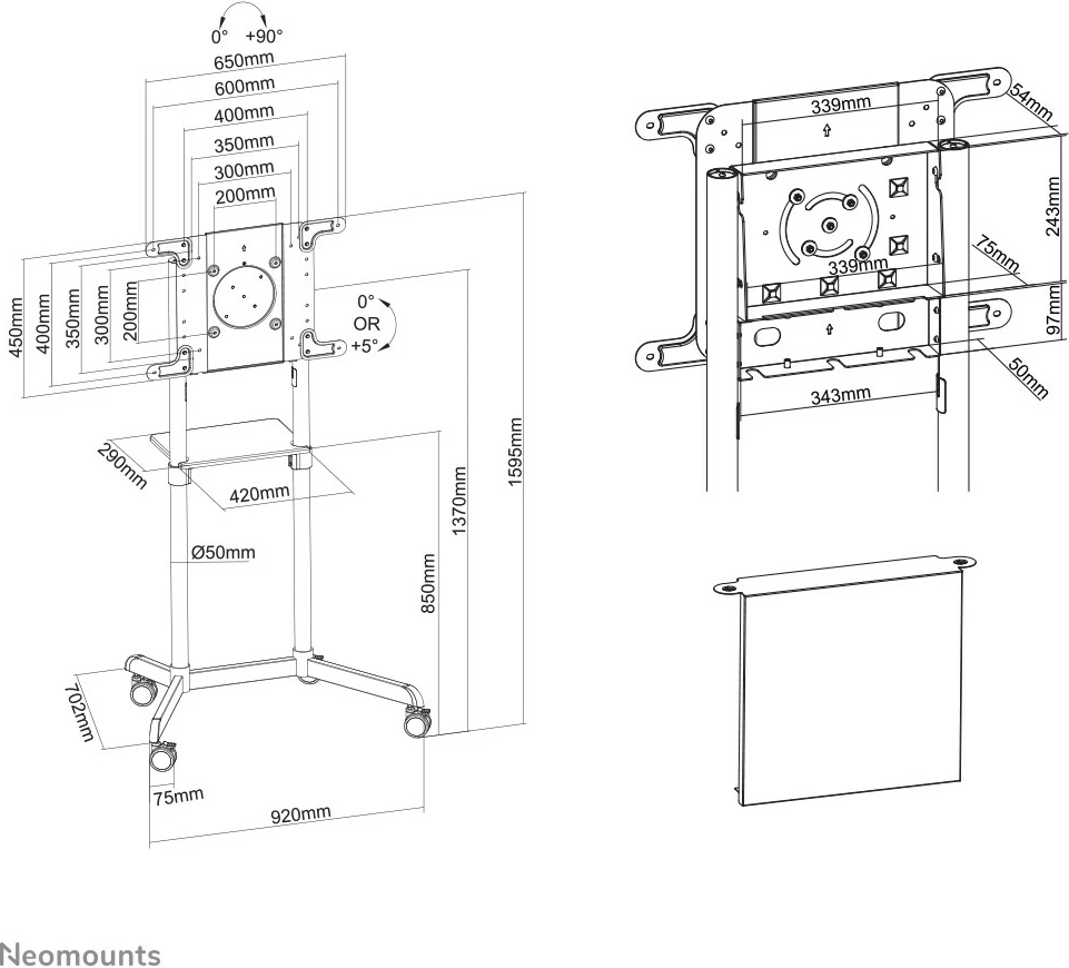 Karrocë TV Neomounts NS-M1250BLACK, 37-70 inç, rrotulluese, 70 kg, e zezë