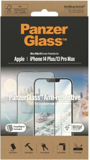 Xham mbrojtës PanzerGlass Ultra-Wide Fit me filtër kundër reflektimit dhe pozicionues për iPhone 14 Plus / 13 Pro Max