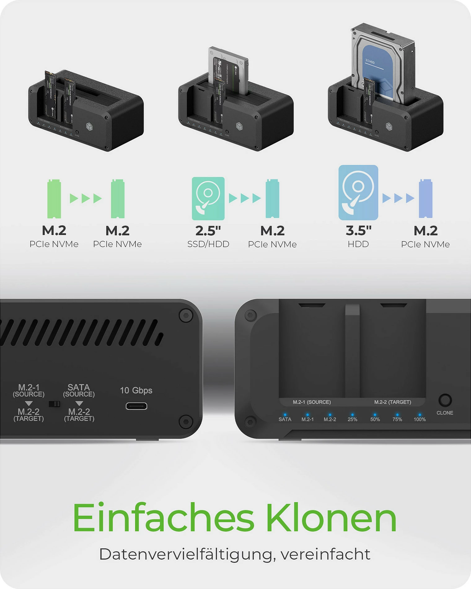 Docking stacion ICY BOX IB-2924MSCL-C31, USB-C USB 3.2 Gen 2 10Gbps, klonim offline, për HDD/SSD 2.5"/3.5" dhe M.2, i zi