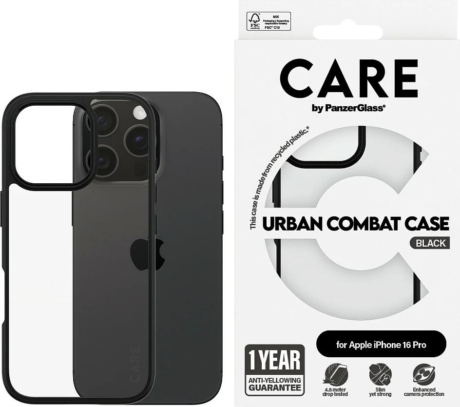 Mbështjellës PanzerGlass CARE Case Flagship Urban Combat për iPhone 16 Pro, transparent