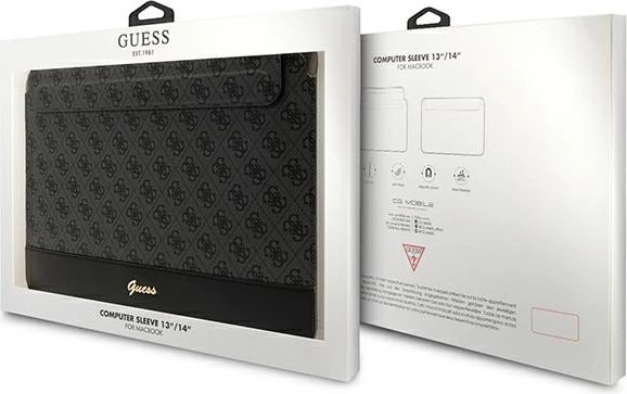 Mbështjellës laptopi Guess 4G Stripe Metal Logo, deri 14", Eco-leather, i zi