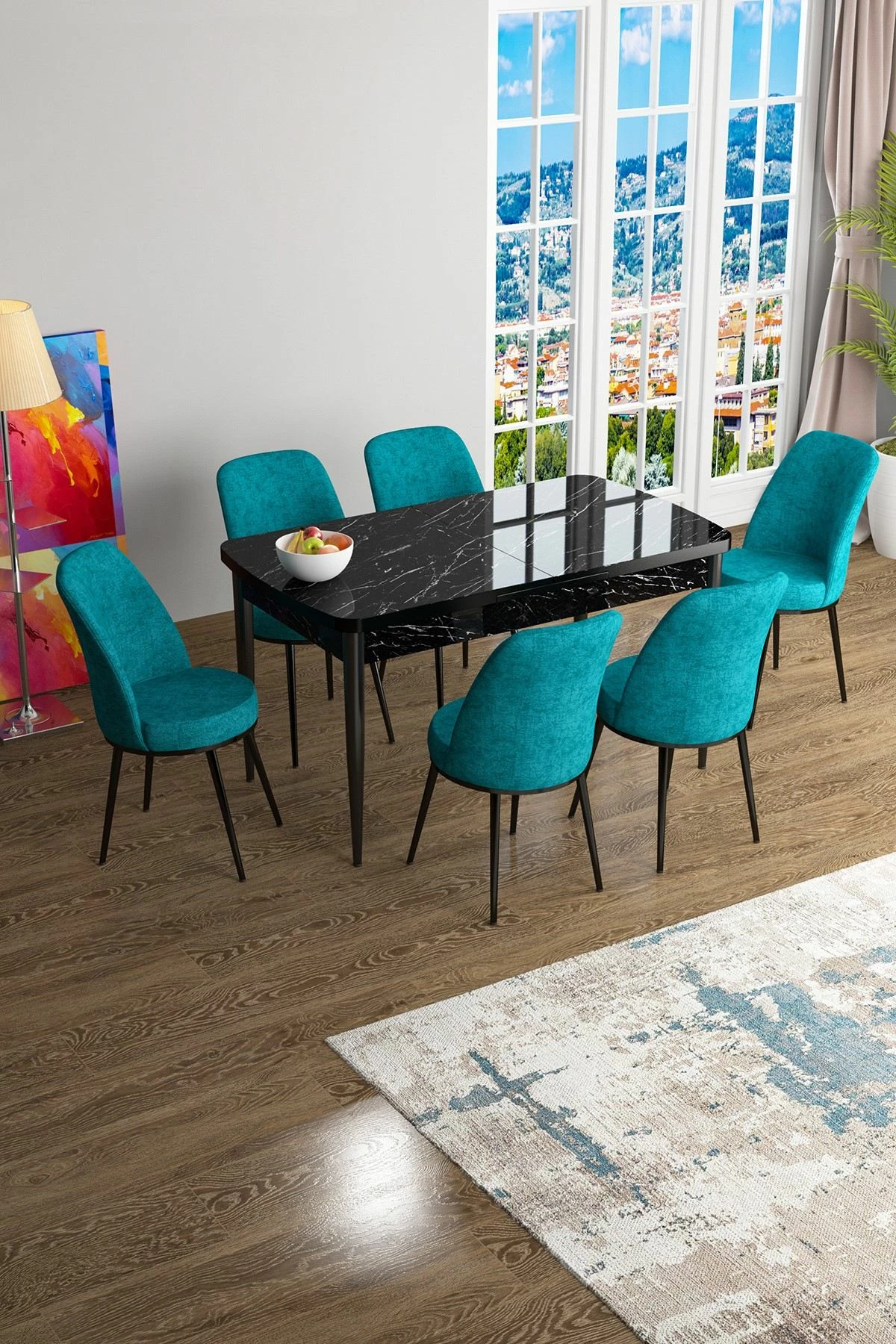 Set tavoline me karrige për ngrënie, zgjatues, 7 pjesë, Skye Decor, mermer i zi, ngjyrë tyrkiz