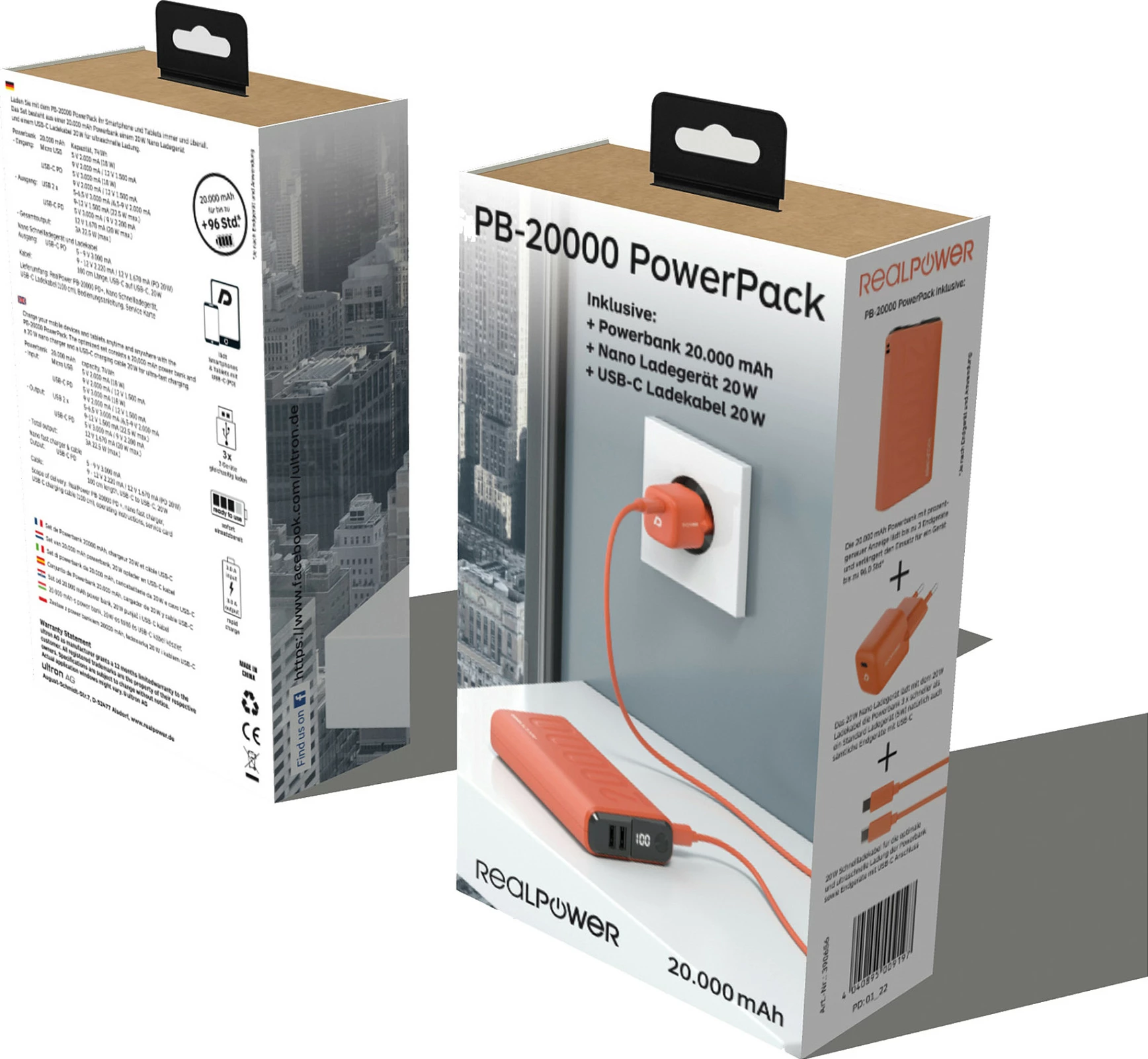 Powerbank Realpower PB-20000, 20000 mAh, USB-C/USB-A, Fast Charge, portokalli