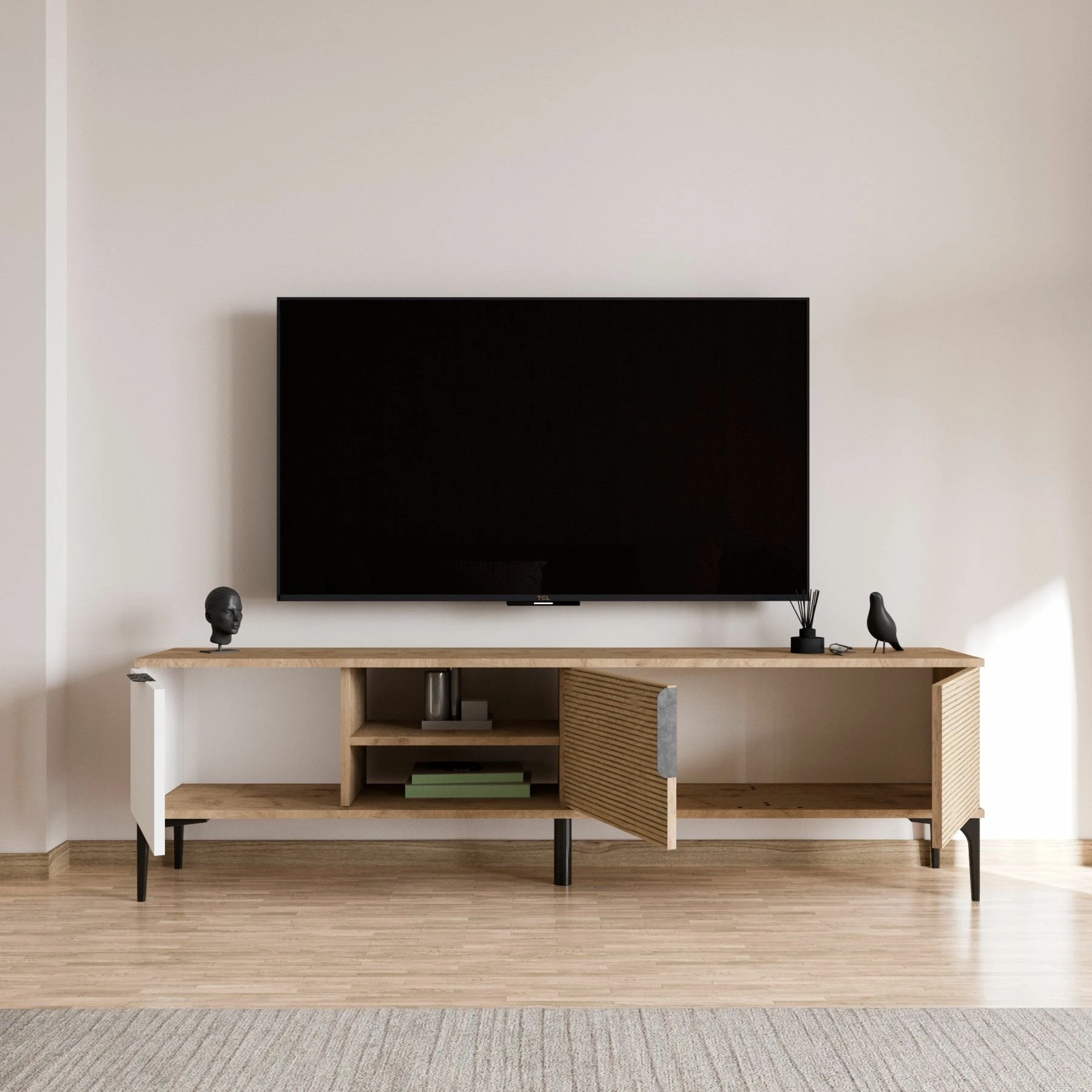 Komodë TV Hanah Home, Tarz, e bardhë dhe lis
