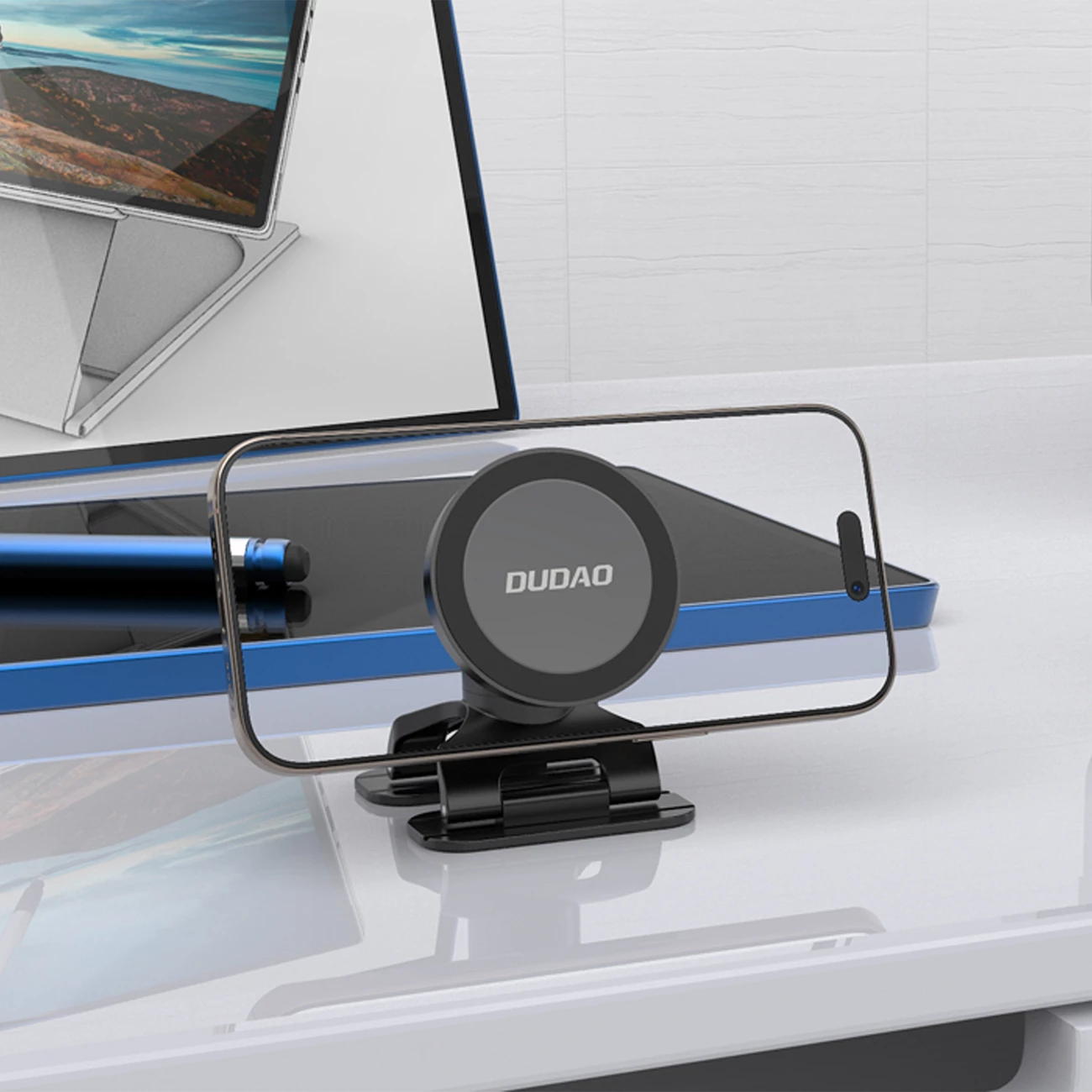 Mbajtës makine magnetik për celular, Dudao F25, MagSafe, rrotullim 360°, për pult ose xham, i zi
