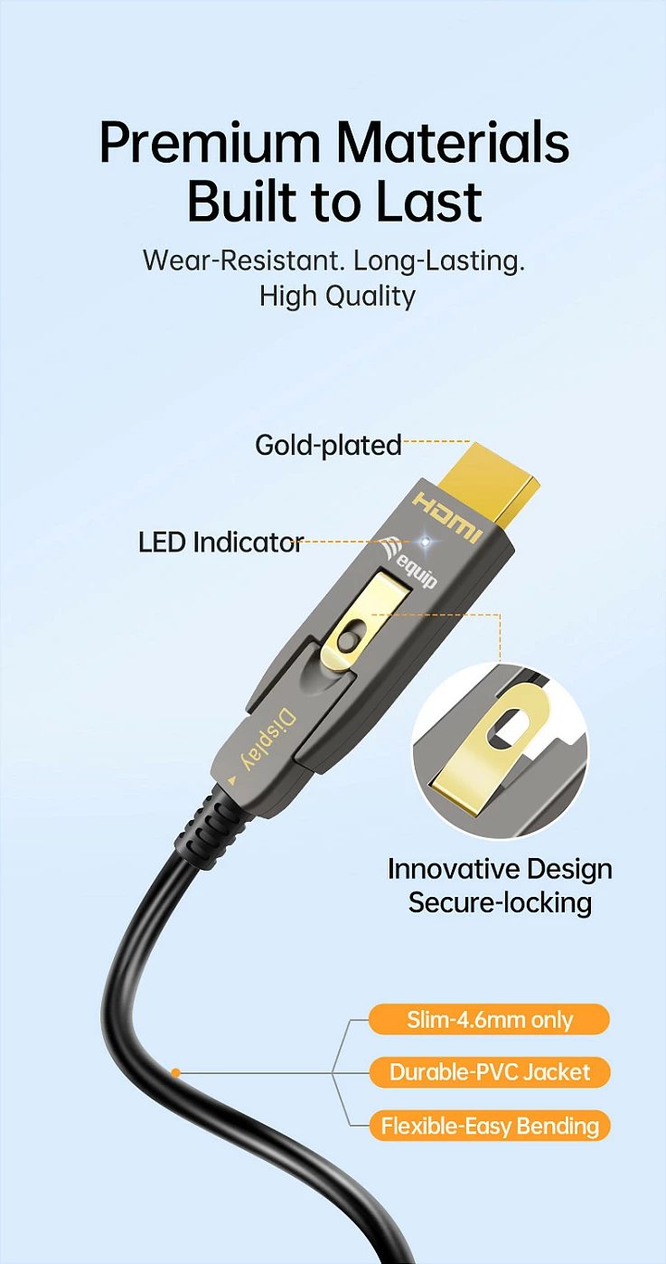 Kabllo HDMI Equip 2.1 Active Optical, 20m, 8K/60Hz, Type-A/Type-D, 48Gbps, e zezë