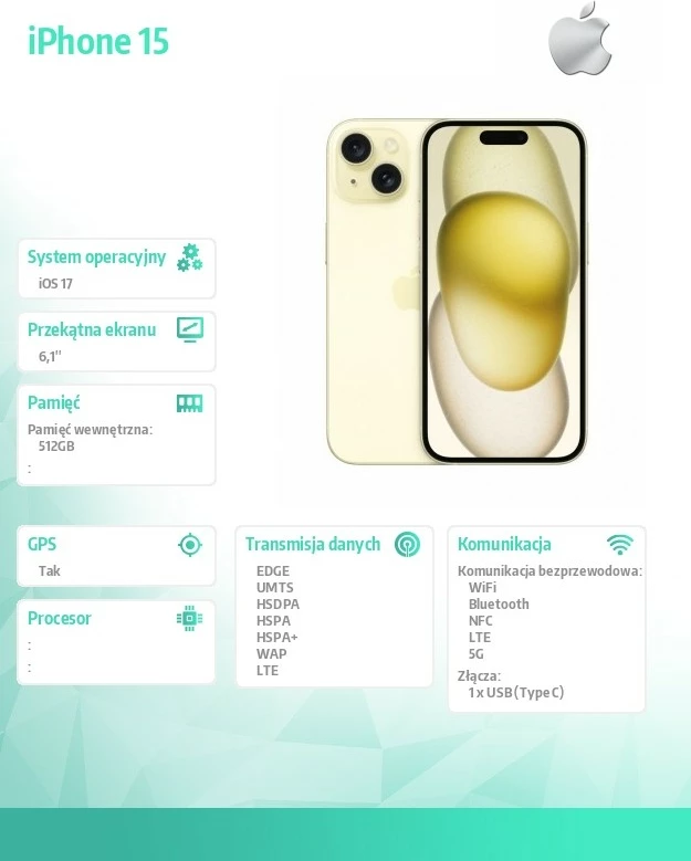 Celular Apple iPhone 15 512GB 5G, e verdhë