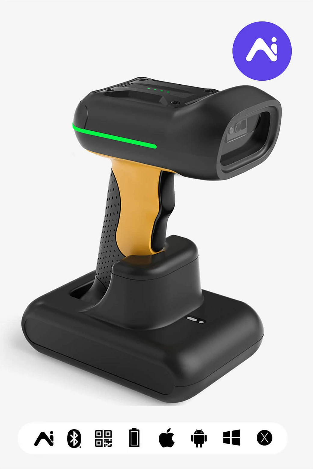 Skaner barkodi Inateck BCST-75S, 1D/2D, Bluetooth/2.4G/USB, IP67, me dock karikimi, zi/verdhe