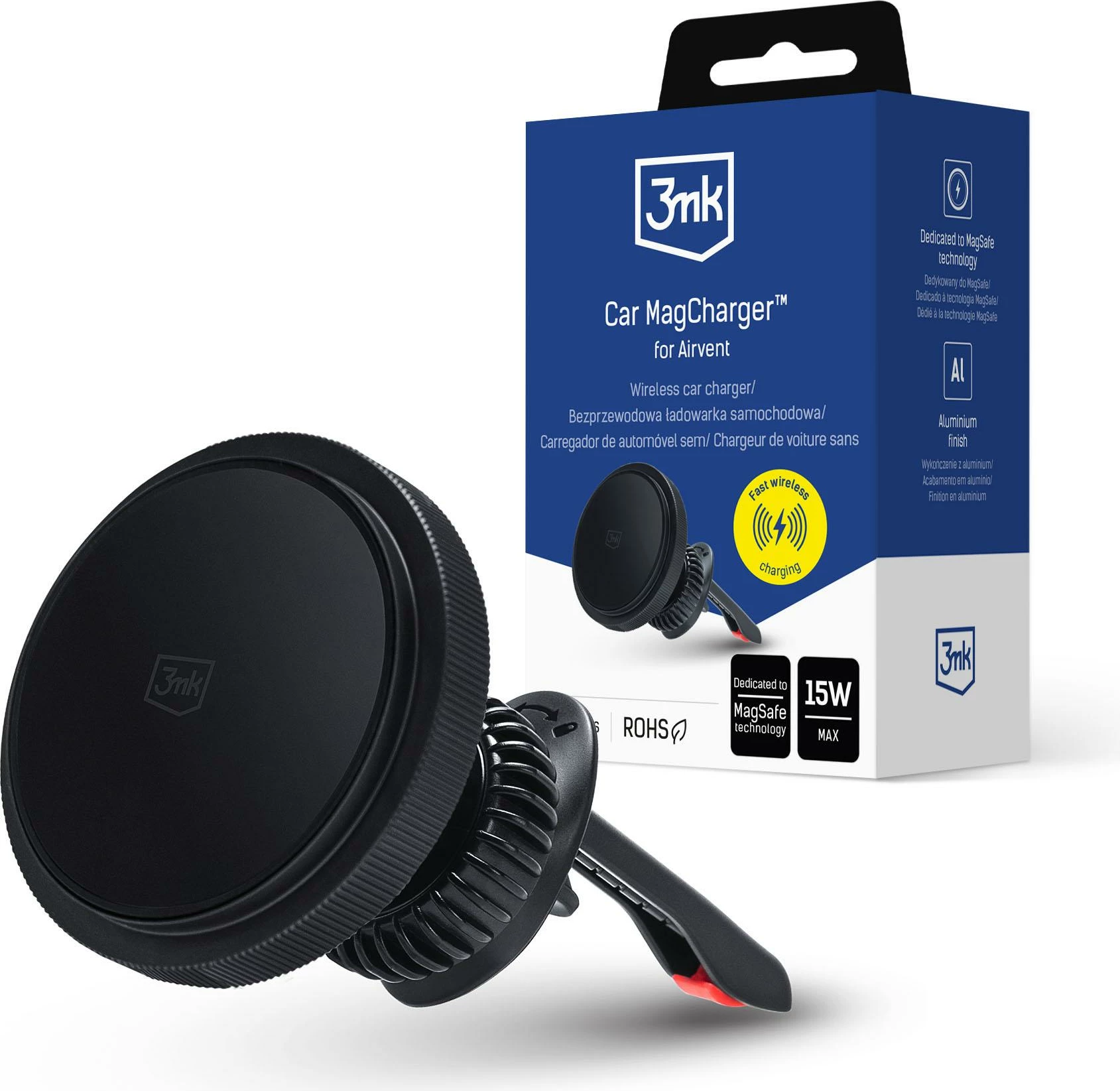 Mbajtës magnetik dhe karikues wireless për veturë 3mk Car MagCharger për ventilator ajri, i zi