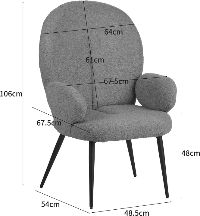 Karrige me këmbë për këmbë Qarar, stof boucle, ngjyrë e gjelbër e çelur, këmbë metalike të zeza, 67.5x67.5x106cm