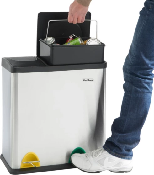 Kosh mbeturinash VONHAUS 07/630 36L (12L+24L) me ndarje, çelik inox, me pedale me ngjyra, gri/zi