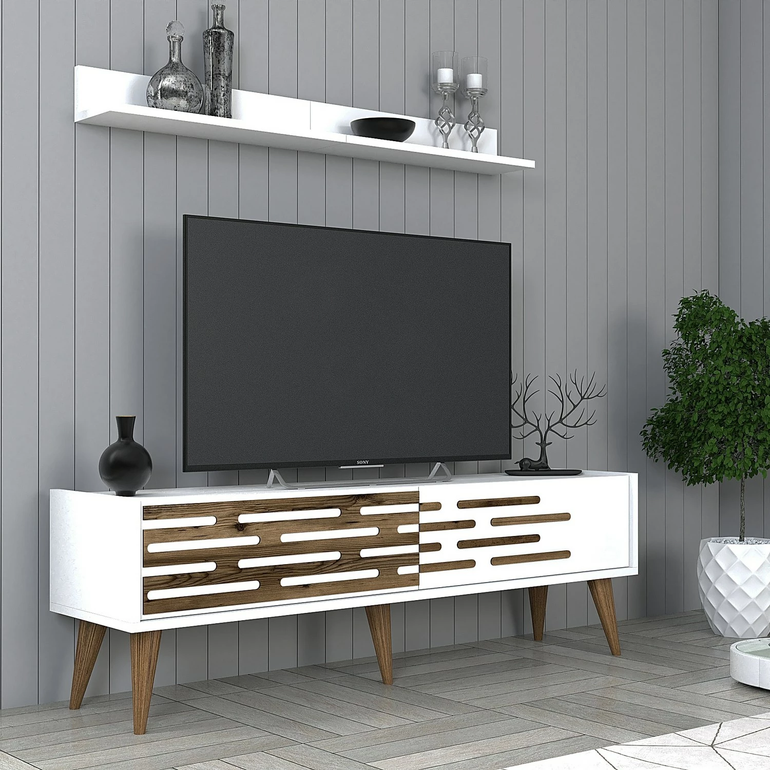 Komodë TV me rafte, ngjyrë e bardhë, Valensiya 140, Skye Decor
