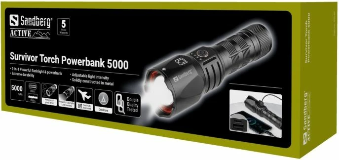 Dritë dore me powerbank Sandberg Survivor Torch 420-89, 5000 mAh, 1200 lm, IPX45, USB-A/USB-C, set me kabllo + rrip dore, e zezë