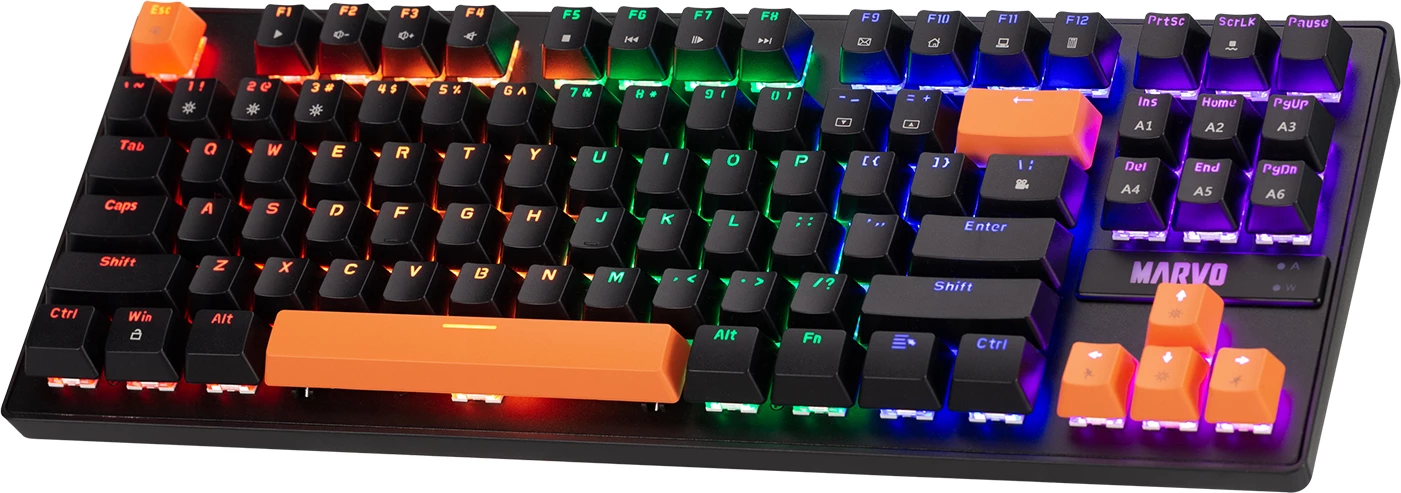 Tastierë mekanike gaming Marvo KG901C EN KRONE 87, 87 taste, Blue Switch, ndriçim RGB, e zezë me taste portokalli