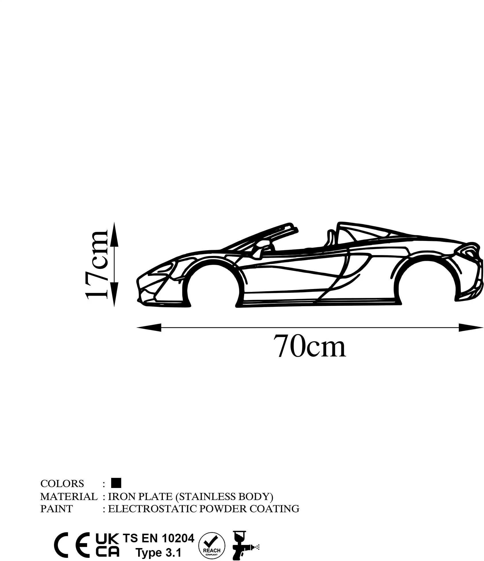 Aksesor dekorativ për mur, silueta McLaren 570S, metal i zi, 70x17cm