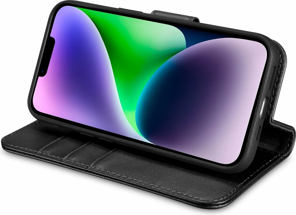 Mbështjellës iCarer Wallet Case 2in1 për iPhone 14 Plus, lëkurë natyrale, Anti-RFID, e zezë