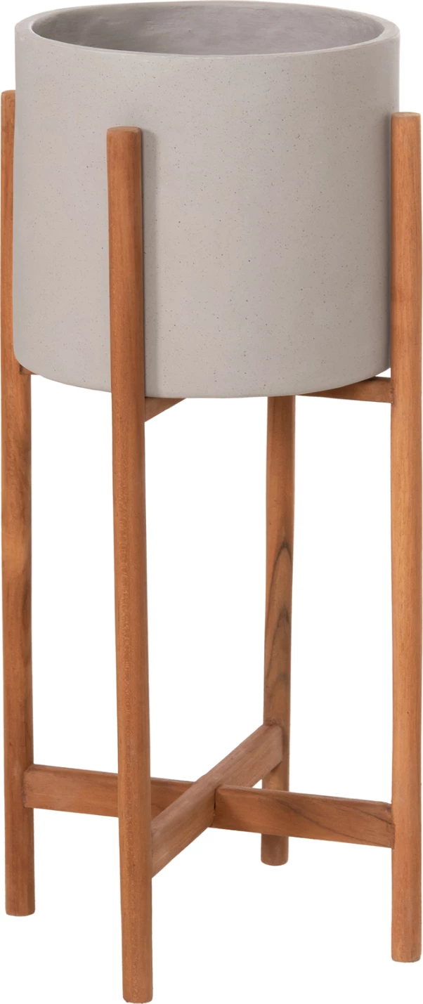 Vazo e brendshme RENTIL, fibër-cement, ngjyrë gri, bazë dru tik, Φ27x56Hcm