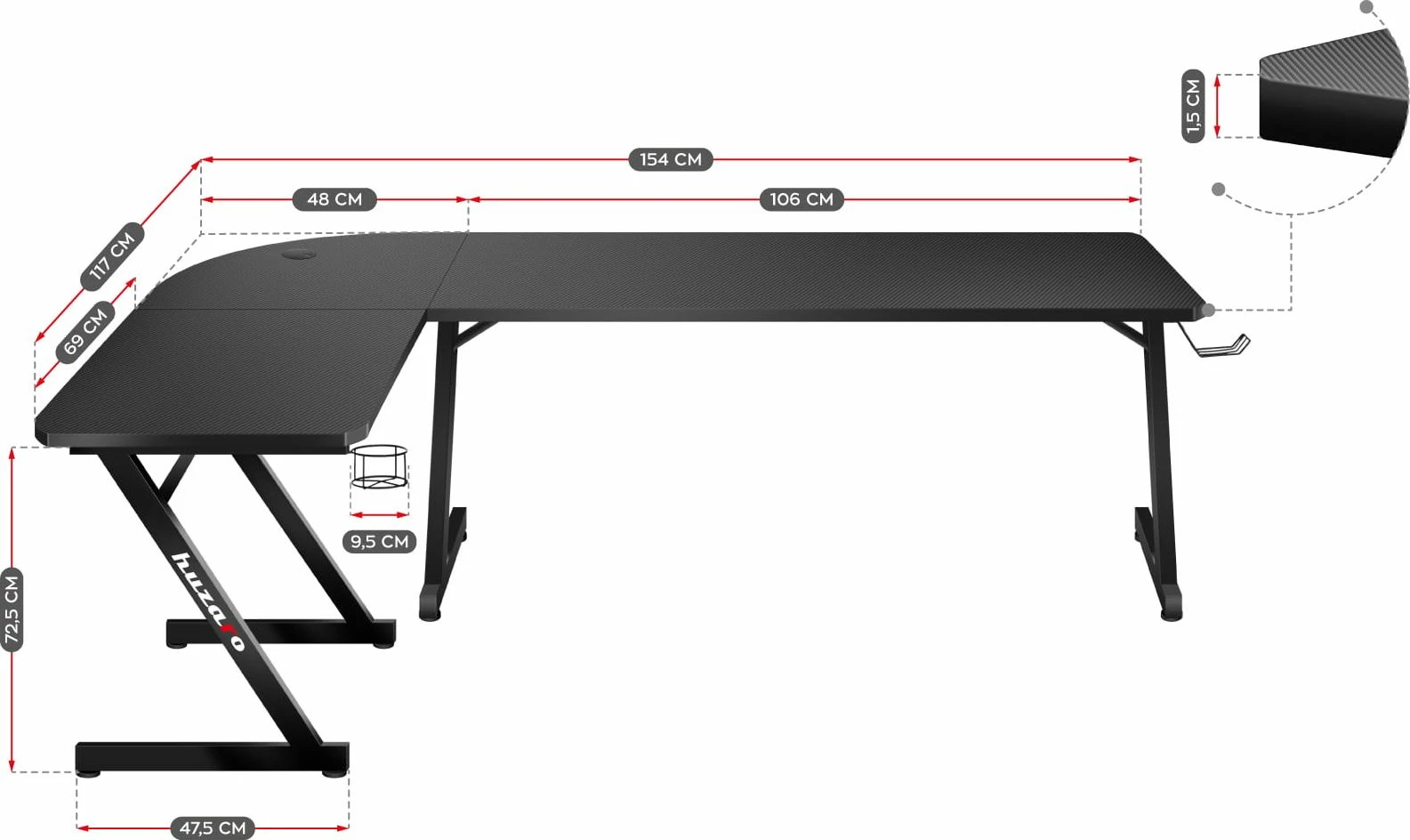 Tavolinë gaming këndore Huzaro Hero 7.0 154 x 117 cm, e zezë