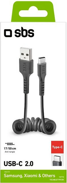 Kabëll karikimi dhe të dhënash SBS USB-A në USB-C, spiral, 0.5 m, USB 2.0, i zi