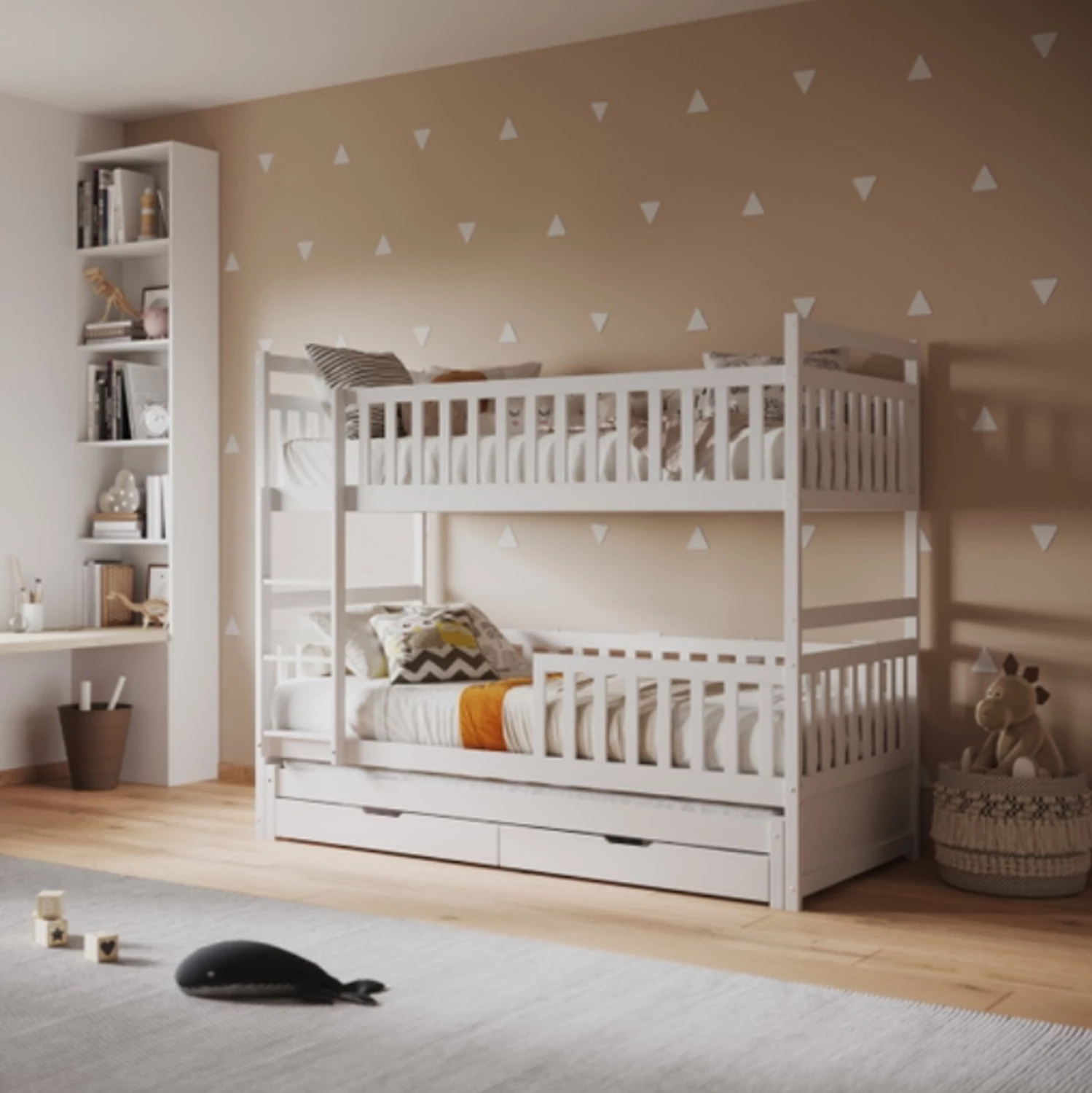 Krevat marinari për fëmijë me 3 shtretër, 2 sirtarë, TRIPLON FH709.03, dru pishe, 90x190-200cm, ngjyrë e bardhë