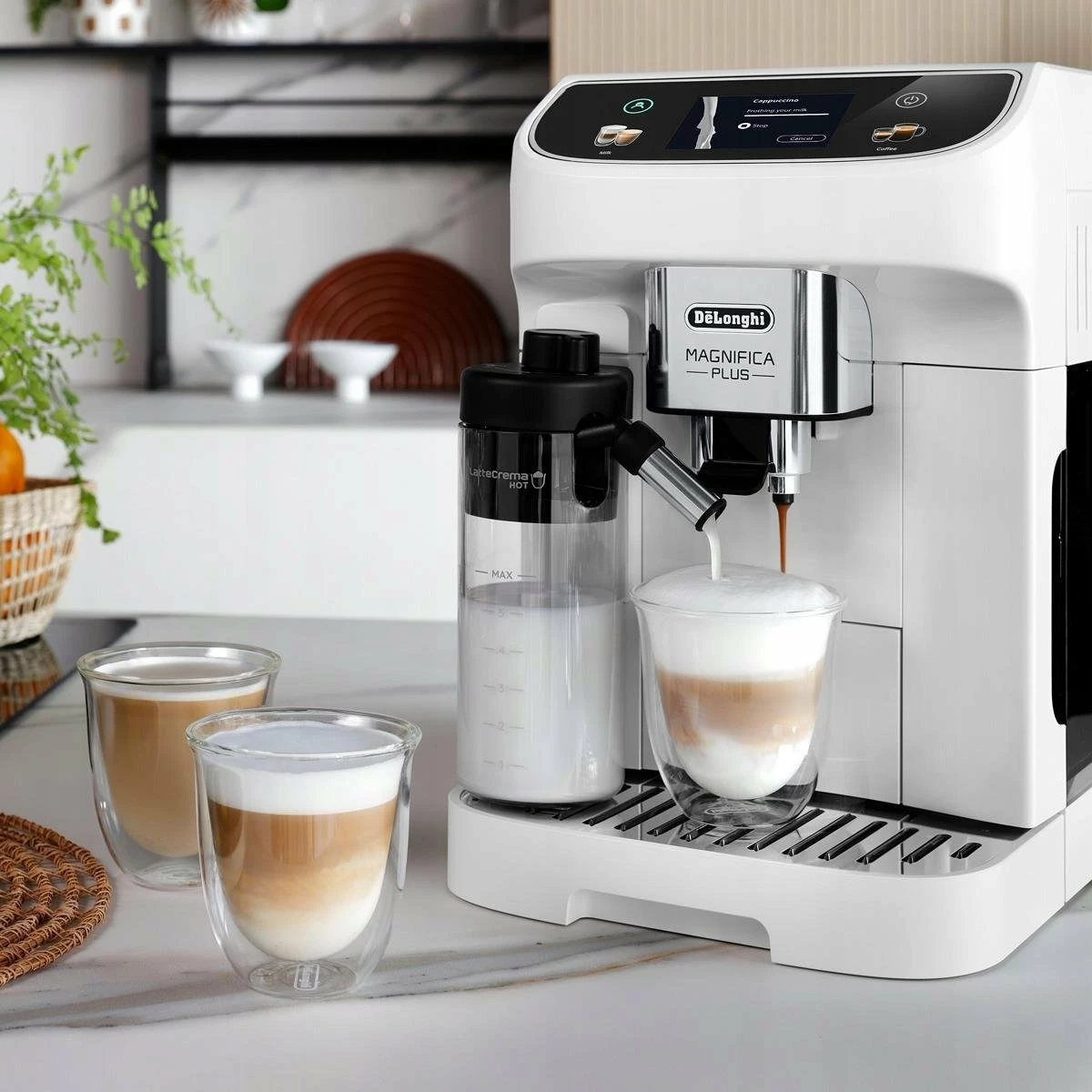 Makinë espresso automatike DeLonghi Magnifica Plus ECAM320.60.W, 15 bar, 1450 W, rezervuar 1.9 L, ekran me prekje 3.5", me mulli, LatteCrema Hot, e bardhë