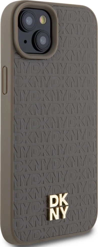 Mbështjellës DKNY Leather Pattern Metal Logo MagSafe për iPhone 15/14/13, Kafe