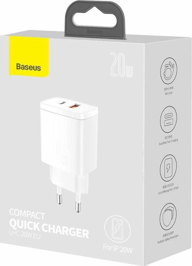 Karikues rrjeti Baseus Compact 6953156207240, 20W, 1x USB-A + 1x USB-C, 3A, PD 3.0/QC 3.0, bardhë