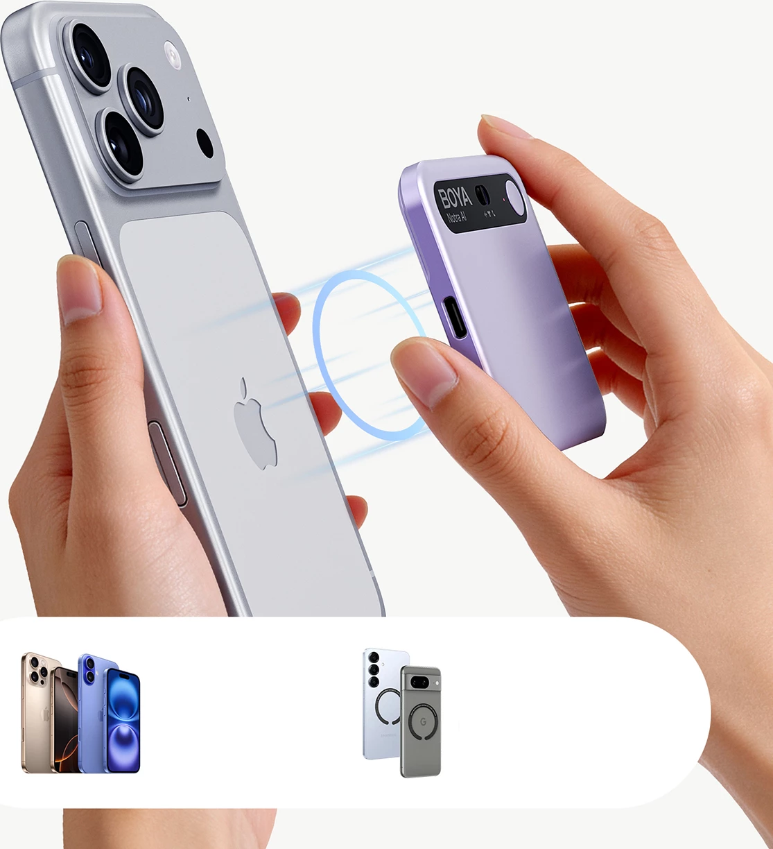 Regjistrues zëri BOYA Notra AI 64GB, transkriptim AI, Bluetooth/USB-C/Wi‑Fi, 24h, kompatibil me MagSafe, vjollcë, set me kabllo USB-C, adapter USB-A dhe unazë magnetike