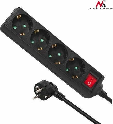Zgjatues rryme Maclean MCE196, 4 prizë Schuko Type F, kabllo 3 m, 3500 W, me ndërprerës, i zi