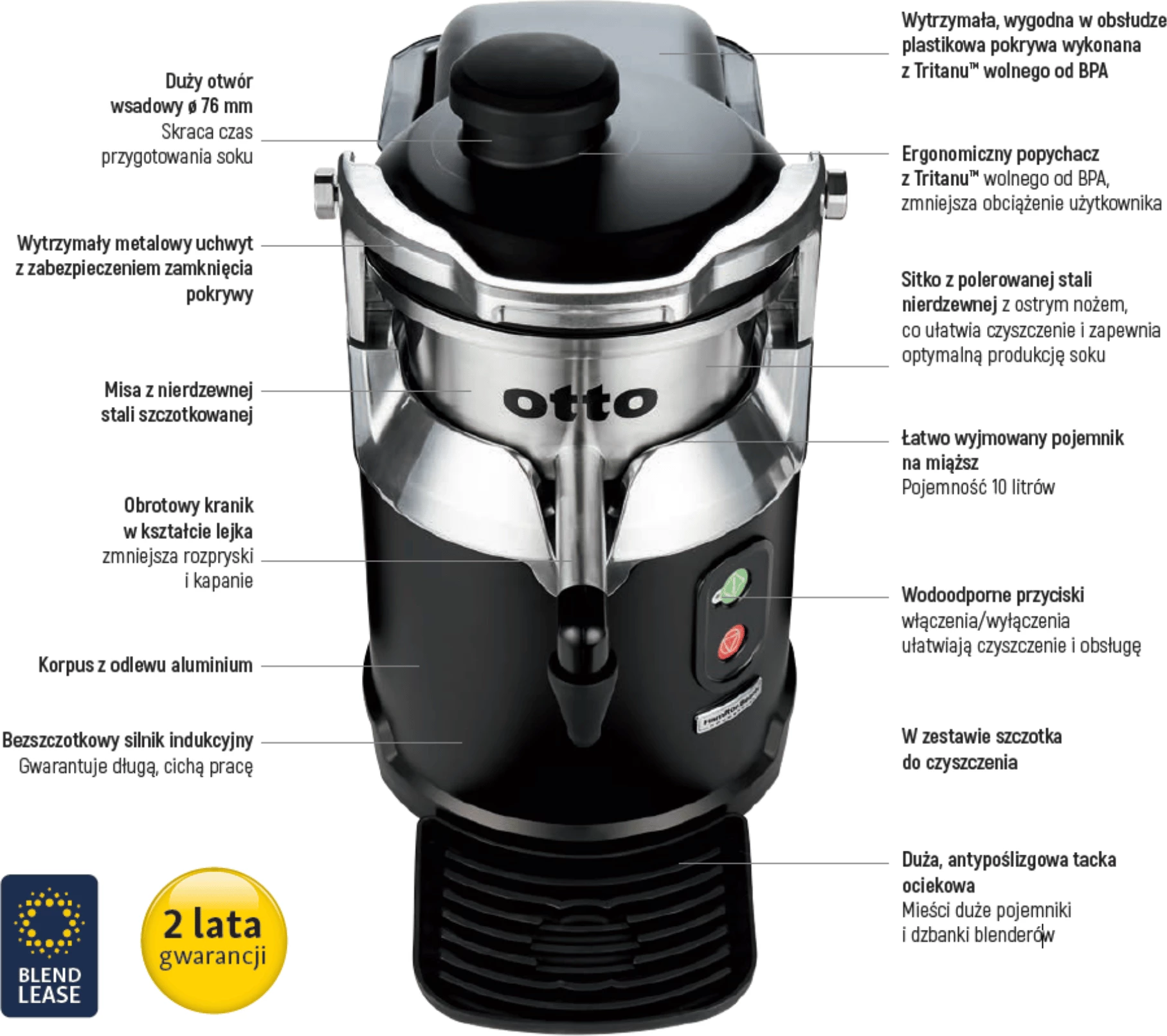 Shtrydhës lëngjesh, Hamilton Beach Commercial Otto, motor induksion pa furça për punë të vazhdueshme, trup çelik inoksi & alumin, Tritan BPA-free, 322x638x527mm