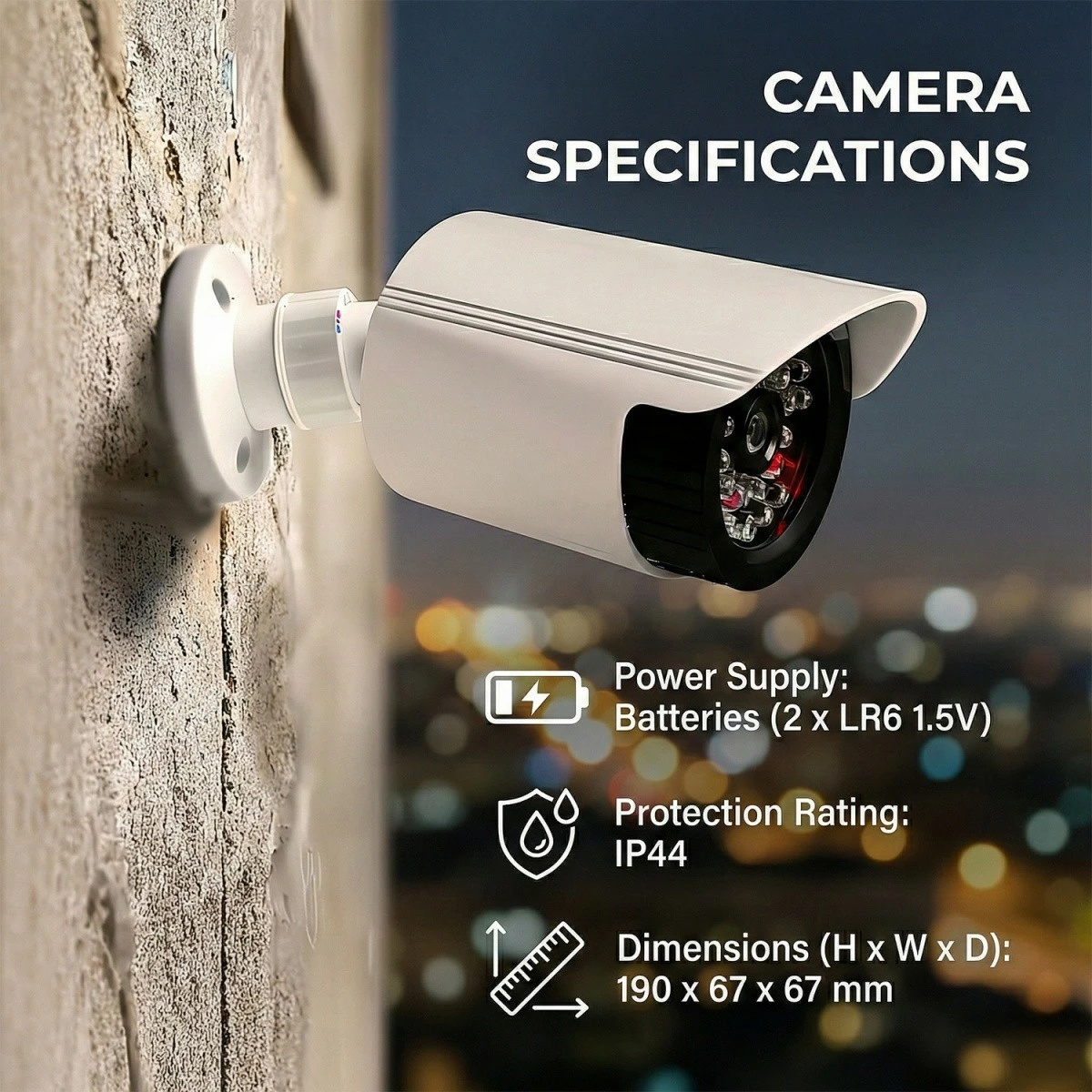 Atrapa kamere tubore, CEE, IR1800, LED IR me pulsim, IP44, 2xAA, ABS, e bardhë