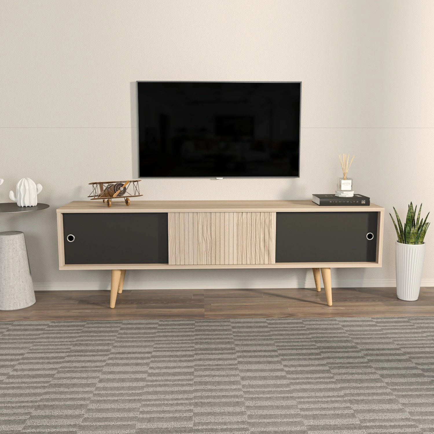 Komodinë TV Skye Decor, ngjyrë lis dhe e zezë