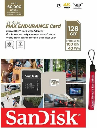 Kartelë memorje microSDXC SanDisk MAX ENDURANCE 128GB, U3/V30 + adapter SD, bardhë/zezë