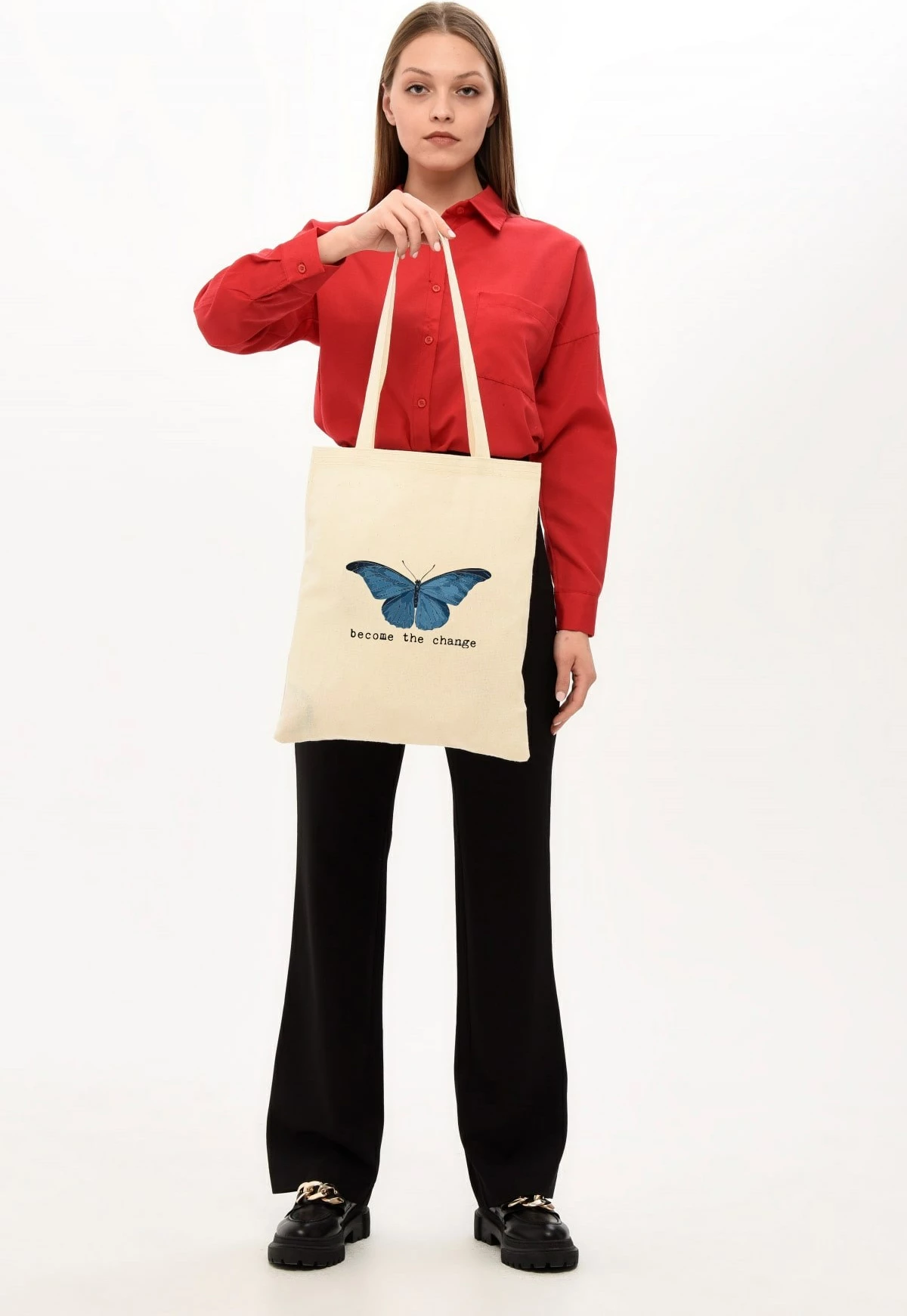 Torbë Tote Zoozie Bags, ngjyrë krem, 35x40cm, flutur blu