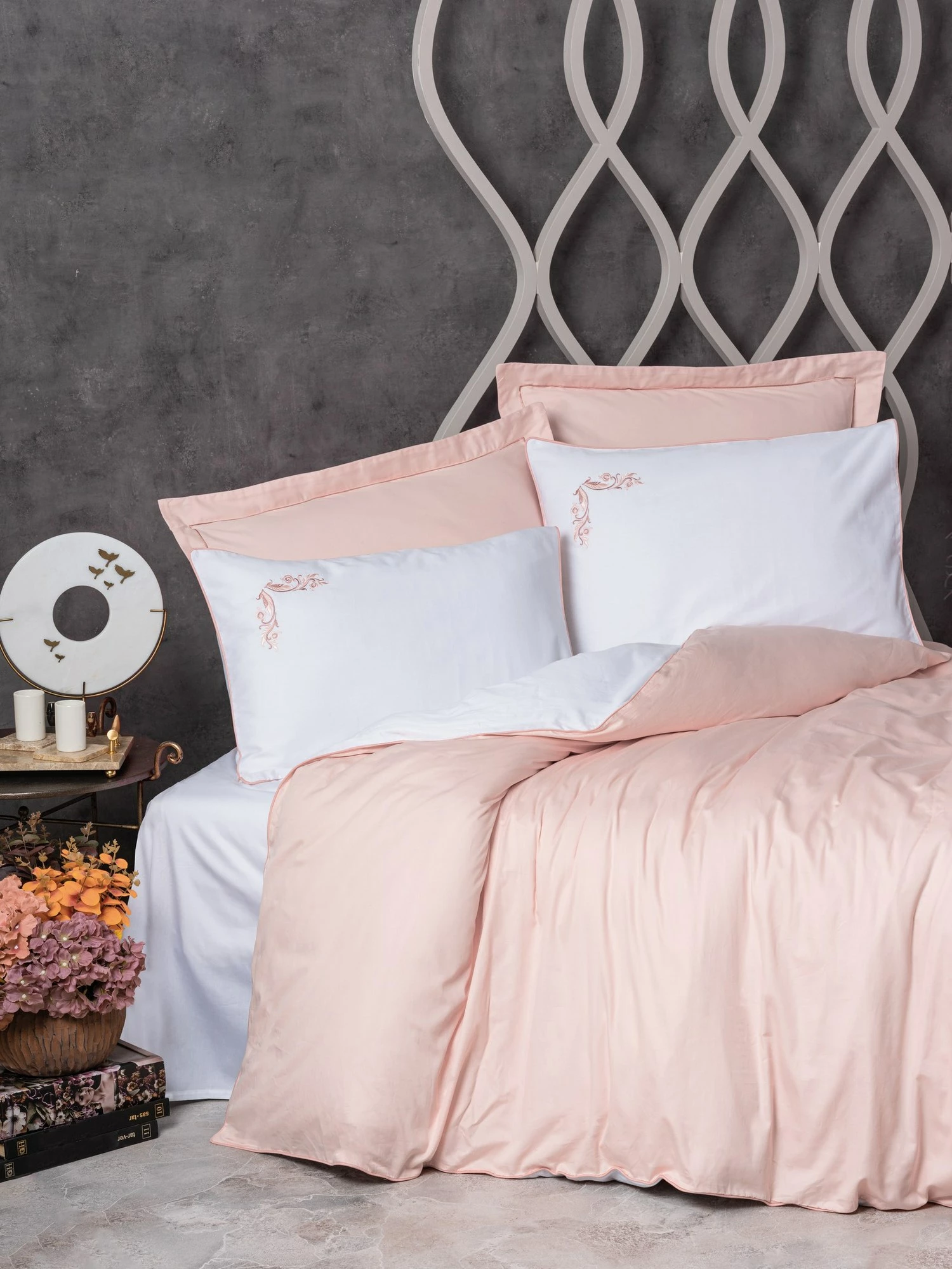 Set mbulesash për jorgan dopio, satin, Melinda, rozë-bardhë