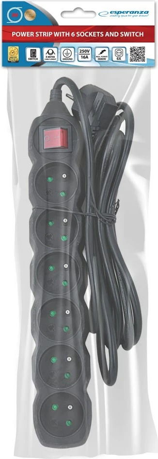 Shtrirës rryme Esperanza ELK218K, 6 porta, 3m, E zezë