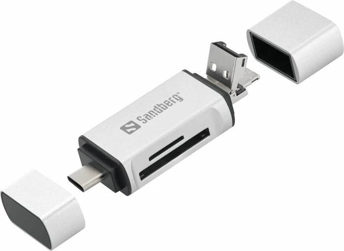 Lexues kartelash Sandberg 136-28 USB-C + USB-A + MicroUSB, SD/MicroSD, alumini, argjendtë/bardhë
