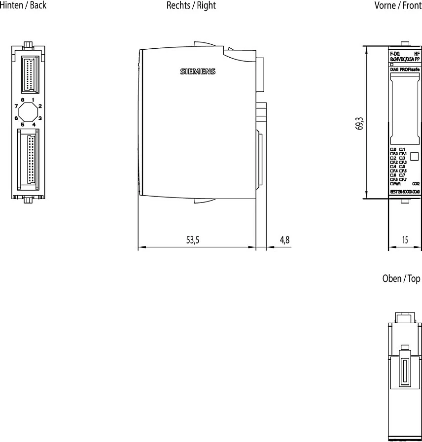 Modul I/O sigurie Siemens ET 200SP F-DQ HF 6ES7136-6DC00-0CA0, 8x dalje digjitale 24VDC 0.5A, PROFIsafe, e verdhë