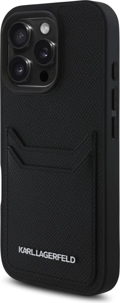Mbështjellës Karl Lagerfeld HC Grained PU Cardslot Metal Elong për iPhone 16 Pro, i zi