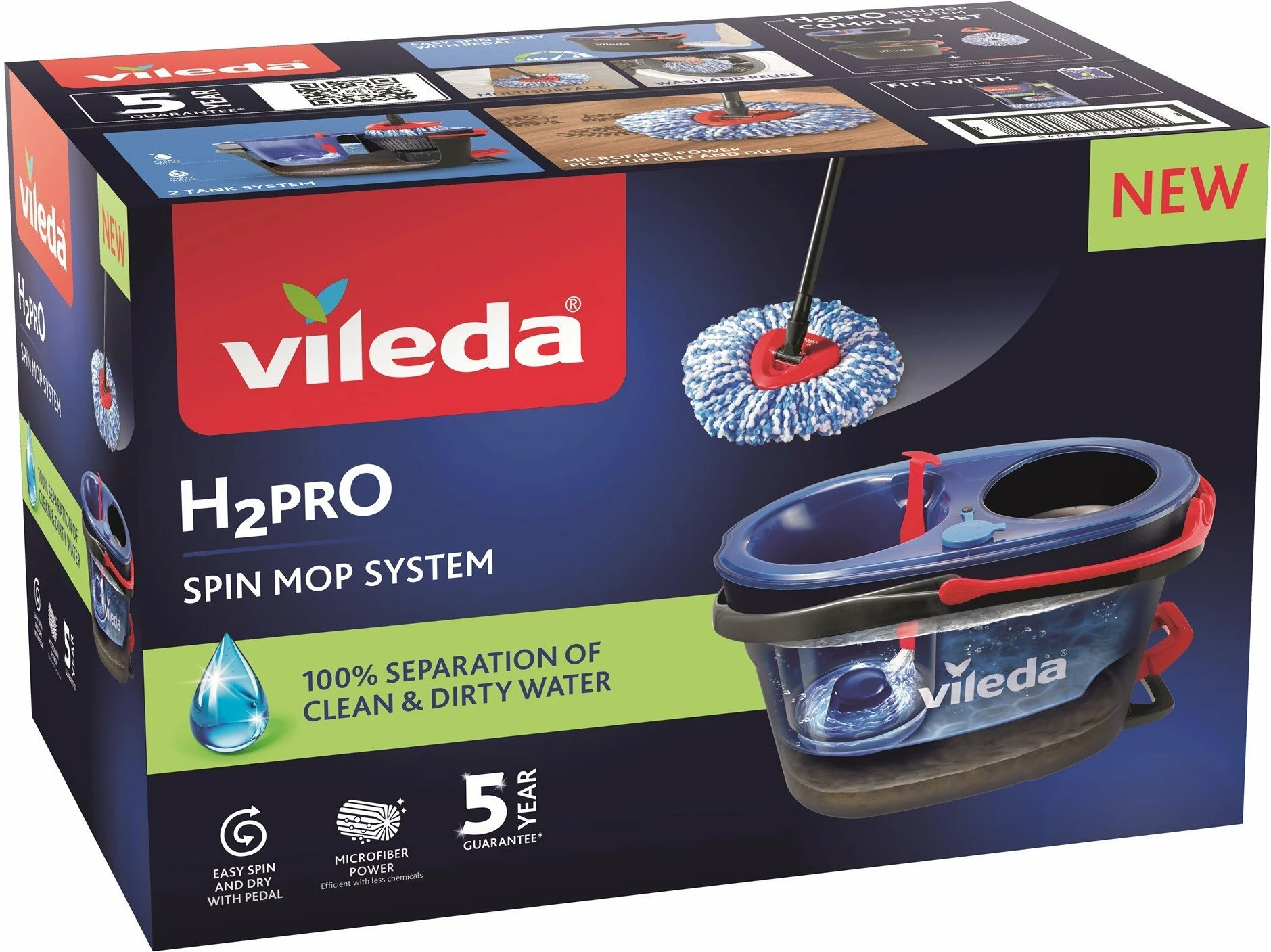 Set mop rrotullues me kovë Vileda H2prO, mikrofibër, shufër teleskopike, me shtrydhëse, i zi