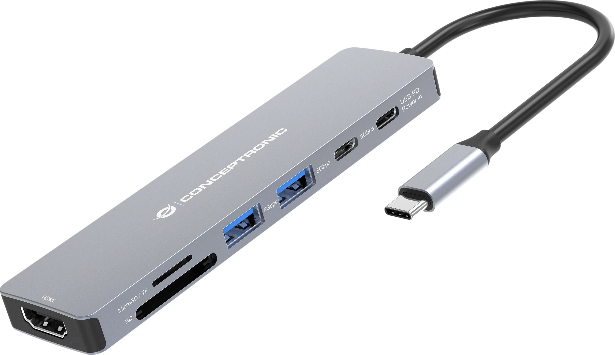 Dock Conceptronic 7-në-1 USB-C HDMI/USB-A/USB-C/SD, 25cm, gri