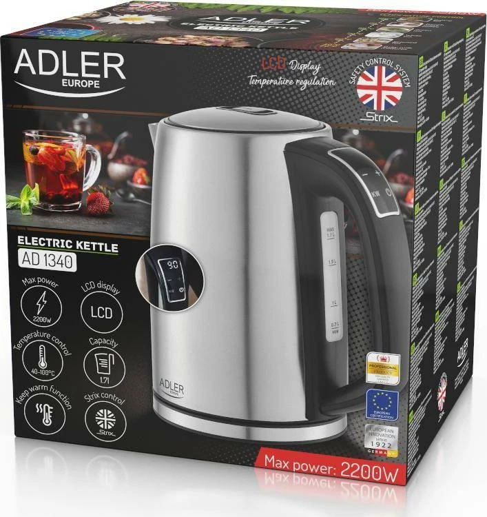 Çajnik elektrik Adler AD 1340 1.7L 2200W me kontroll temperature, Argjend