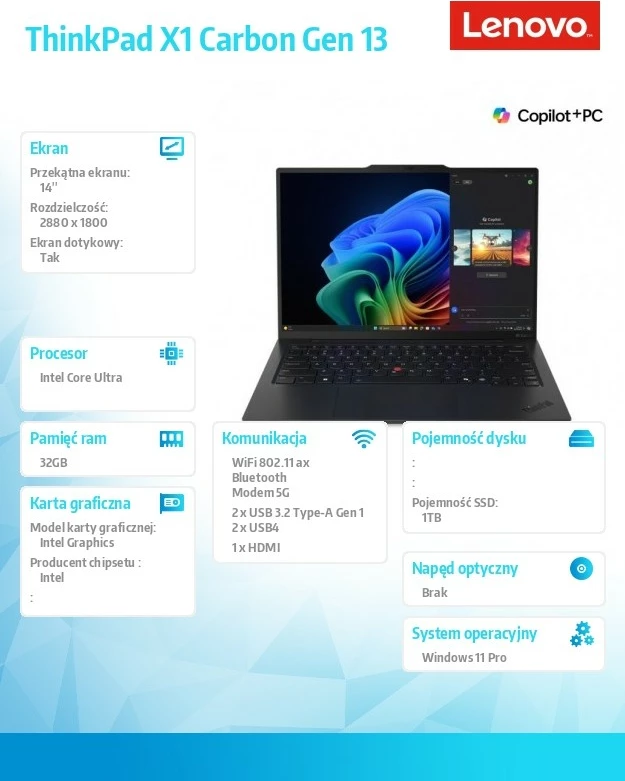 Ultrabook Lenovo ThinkPad X1 Carbon Gen 13, Intel Core Ultra 7 255U, 32 GB RAM, 1 TB SSD, 14" 2.8K Touch, Zi