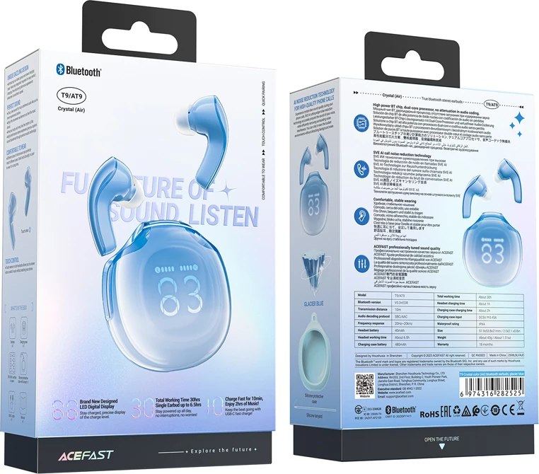 Kufje Acefast T9 wireless, Bluetooth 5.3, me ekran LED, IPX4, Blu